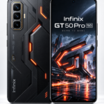 Infinix GT 50 Pro 5G gaming smartphone front and back view featuring futuristic RGB design, 144Hz AMOLED display and HydroFlow cooling technology