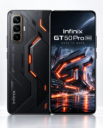 Infinix GT 50 Pro 5G gaming smartphone front and back view featuring futuristic RGB design, 144Hz AMOLED display and HydroFlow cooling technology
