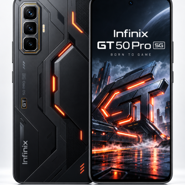 Infinix GT 50 Pro 5G gaming smartphone front and back view featuring futuristic RGB design, 144Hz AMOLED display and HydroFlow cooling technology
